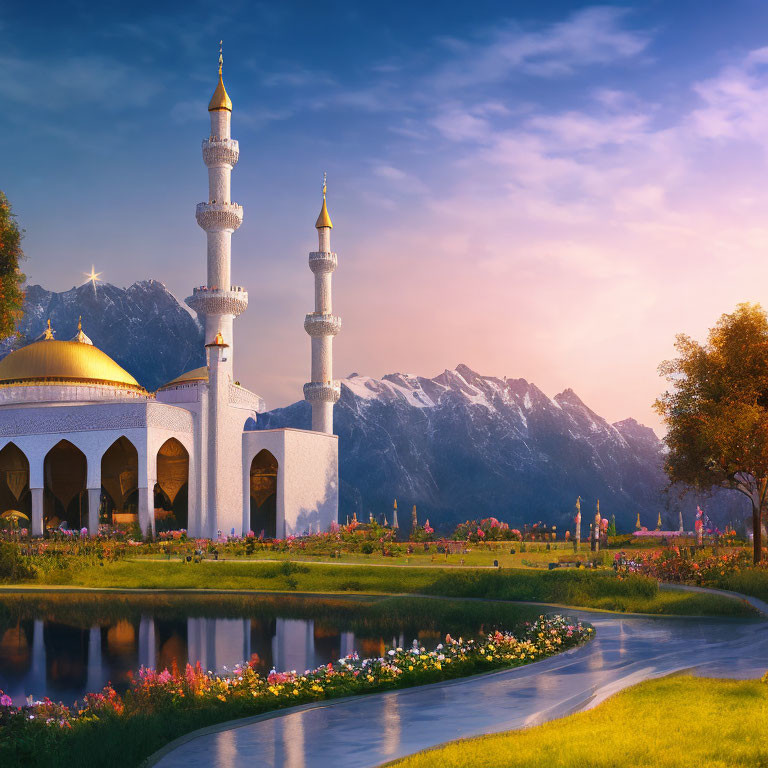 Mosque with towering minarets, reflective pond, lush gardens, mountains at dusk