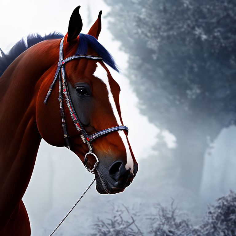 Chestnut horse with red bridle in foggy forest landscape