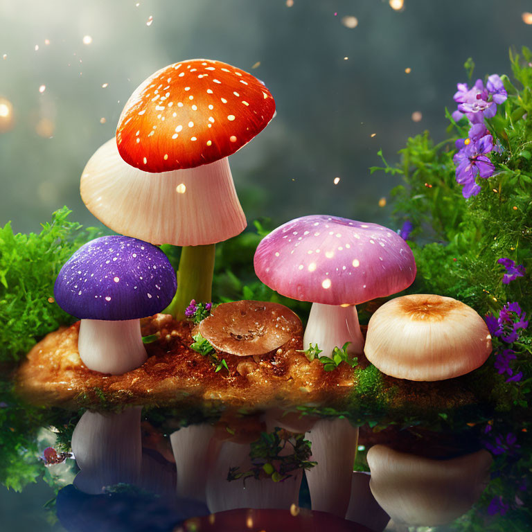 Colorful Mushrooms in Enchanted Forest with Reflections on Water