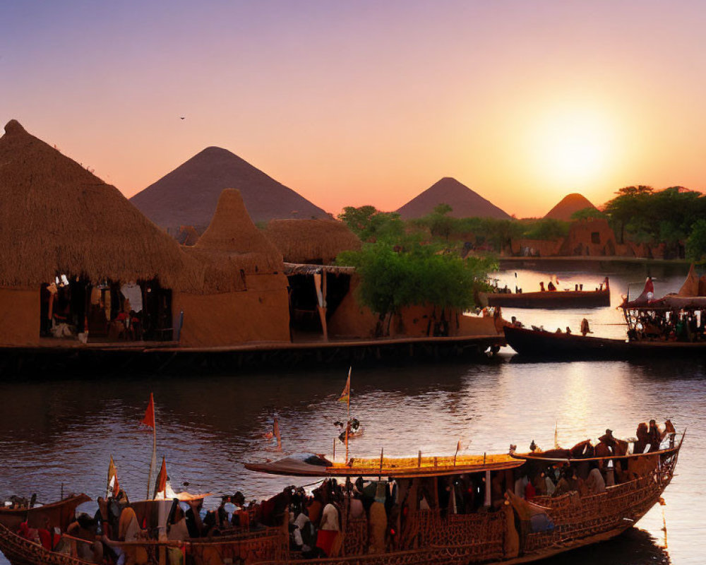 Colorful sunset over river with boats, huts, and silhouetted pyramids