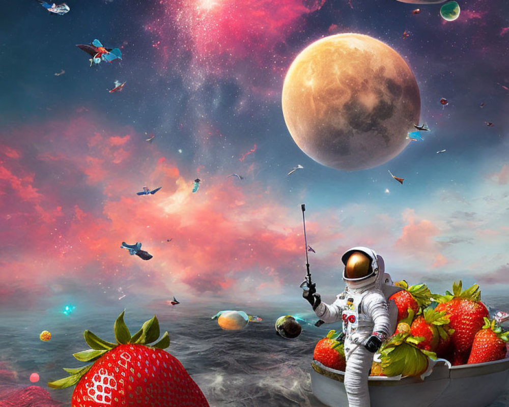 Astronaut fishing in surreal ocean with giant strawberries and flying fish