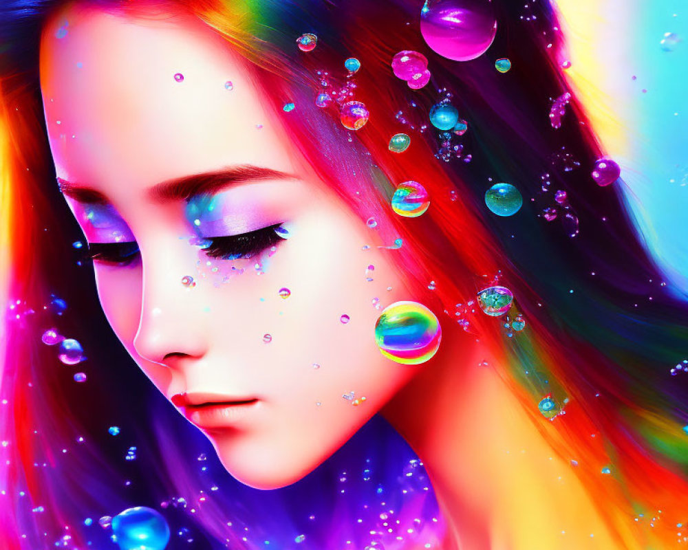 Colorful Digital Artwork: Woman with Glittering Bubbles on Neon Background