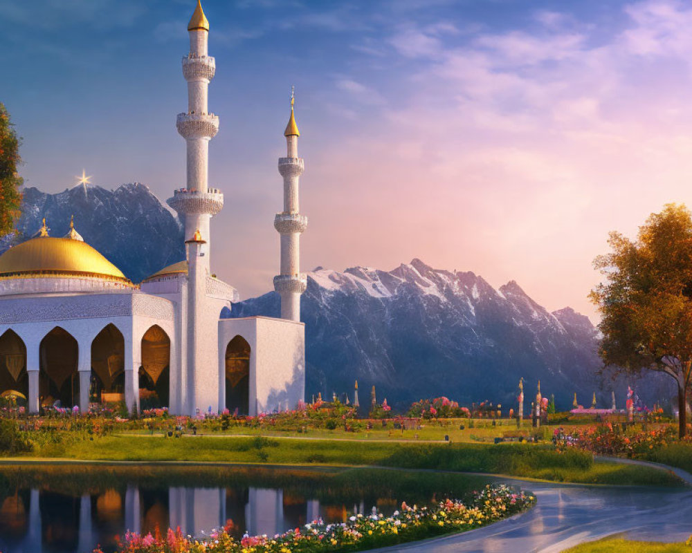 Mosque with towering minarets, reflective pond, lush gardens, mountains at dusk