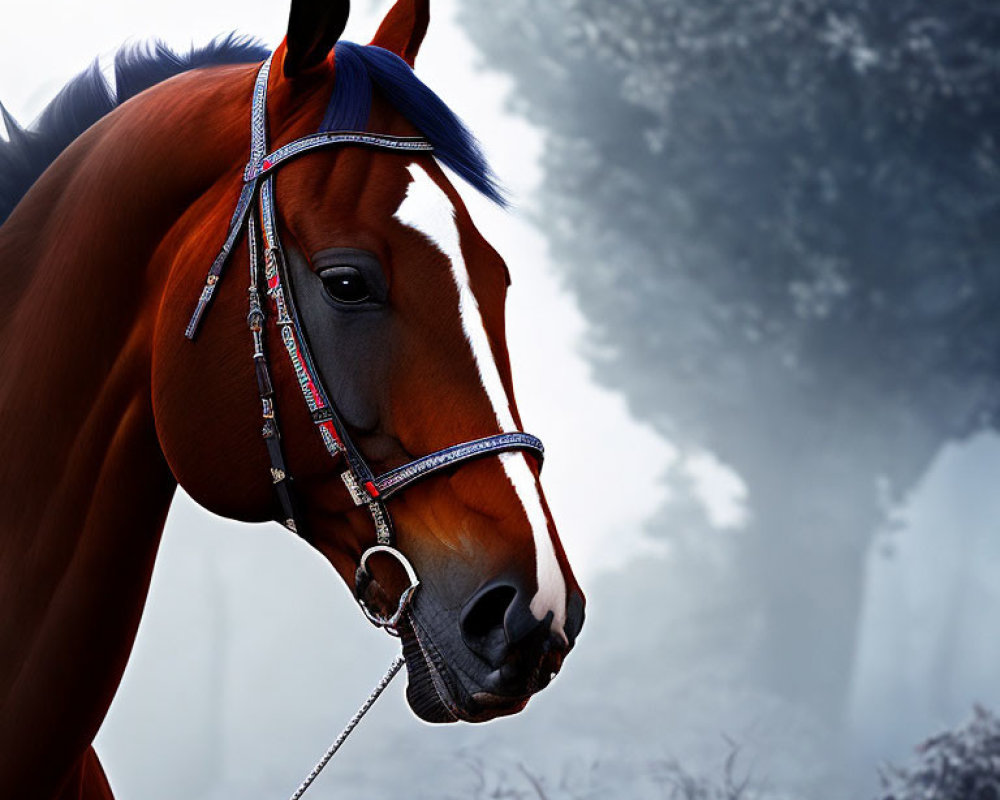 Chestnut horse with red bridle in foggy forest landscape