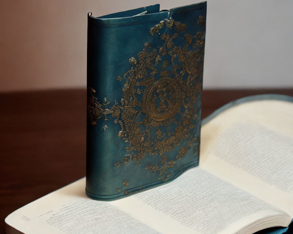 Teal-covered open book on wooden surface