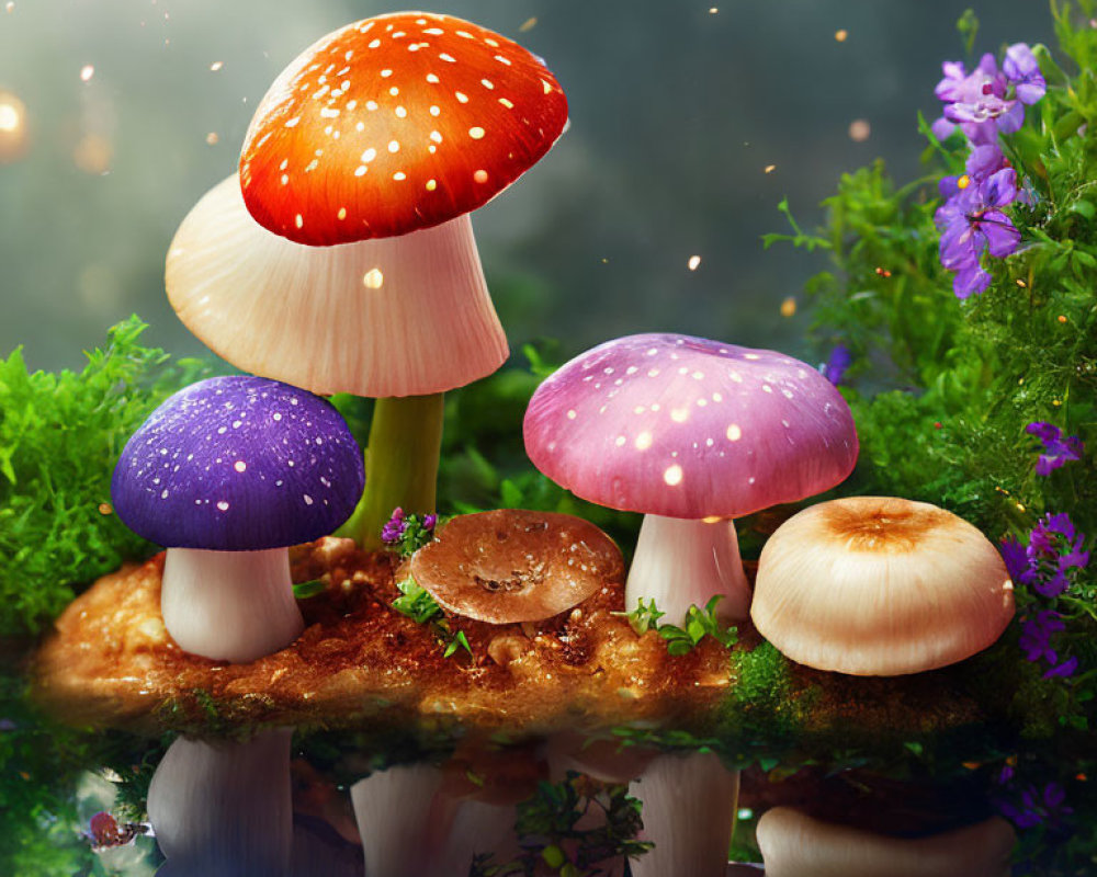 Colorful Mushrooms in Enchanted Forest with Reflections on Water