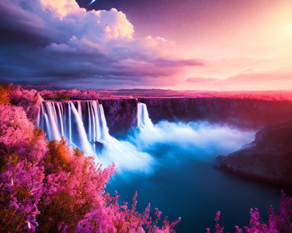 Scenic waterfall with pink blossoms under a purple starry sky