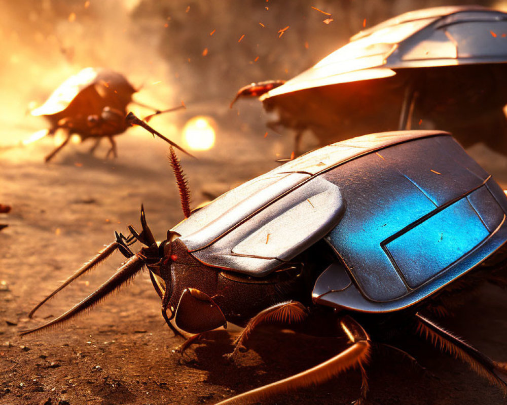 Mechanical beetles with blue carapaces in futuristic setting