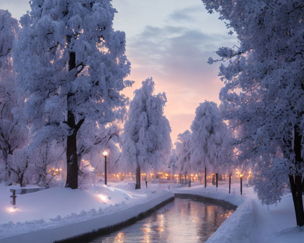 Snow-covered trees along canal at dusk with street lights.