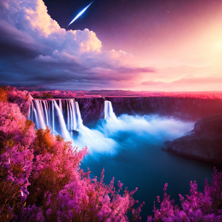 Scenic waterfall with pink blossoms under a purple starry sky