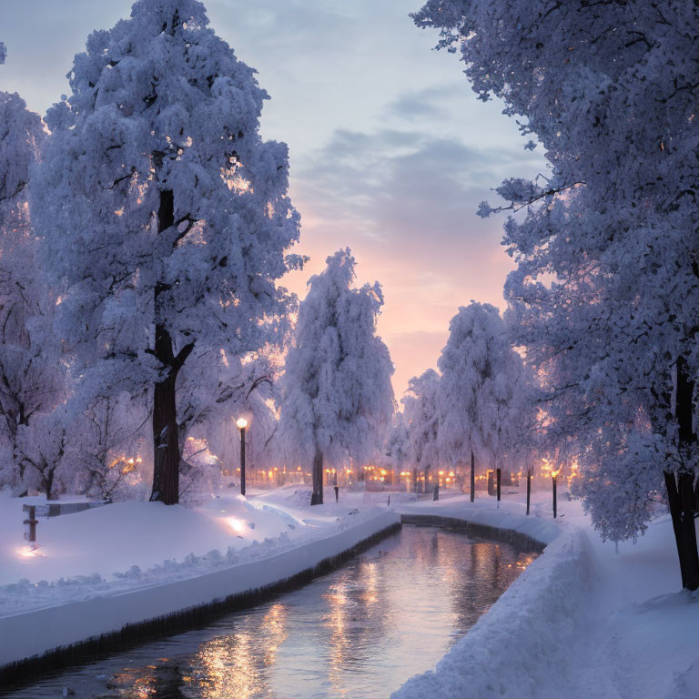 Snow-covered trees along canal at dusk with street lights.