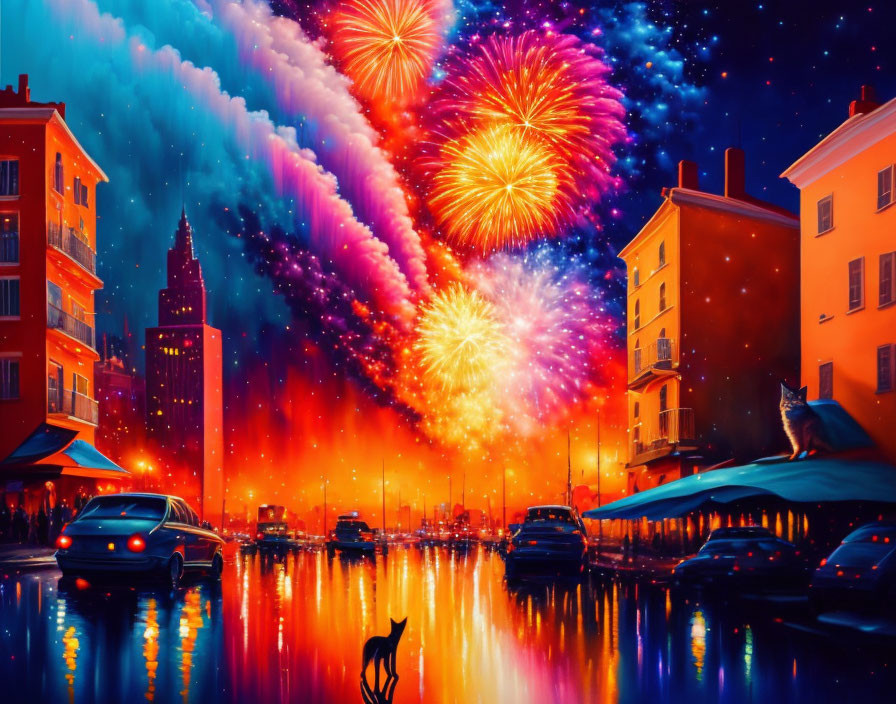 Colorful cityscape at night with fireworks, building reflections, parked cars, and cat silhouette