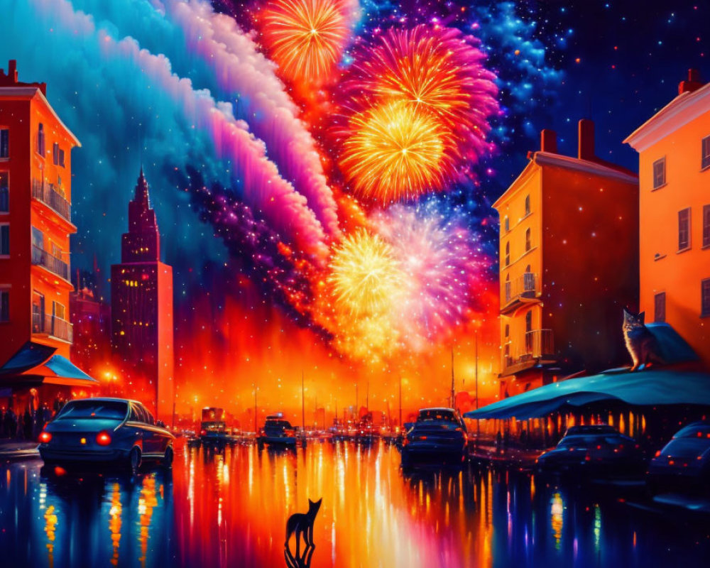 Colorful cityscape at night with fireworks, building reflections, parked cars, and cat silhouette