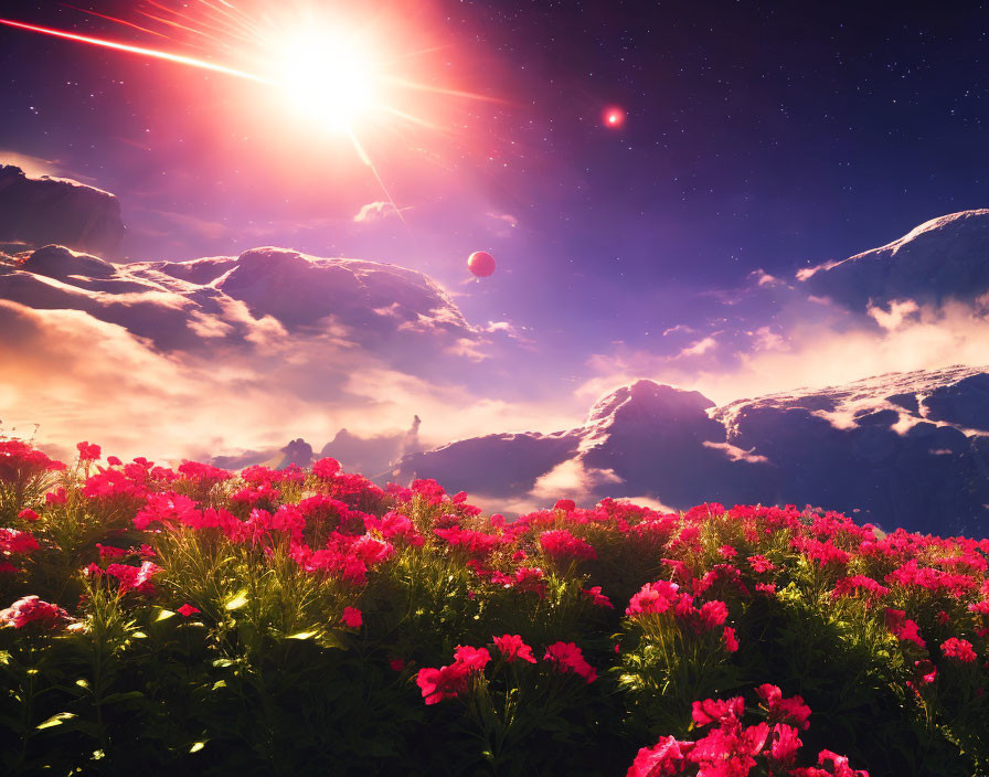 Majestic mountains and starry sky with vibrant pink flowers