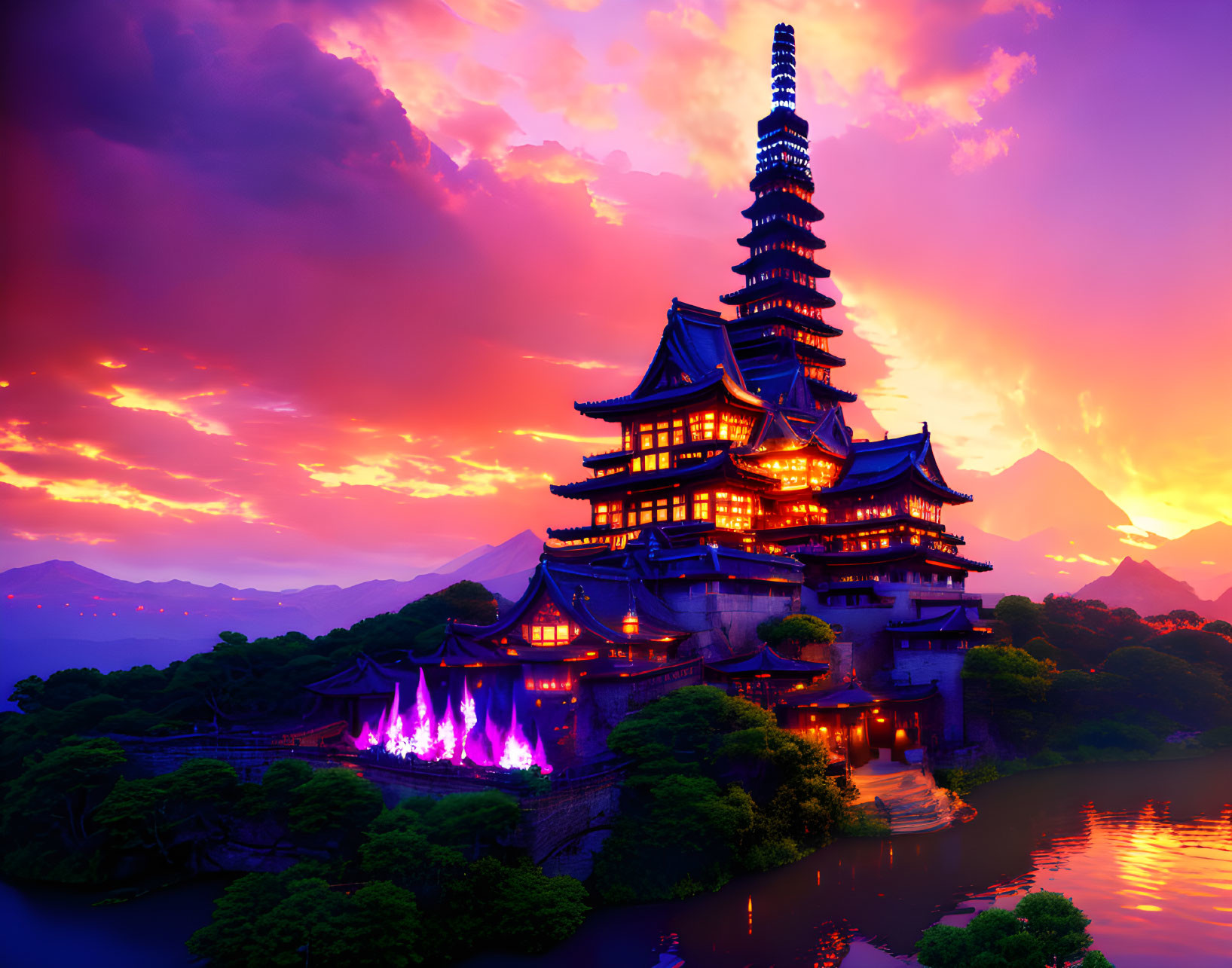 Japanese Pagoda Digital Artwork: Sunset Colors by Lake & Mountains