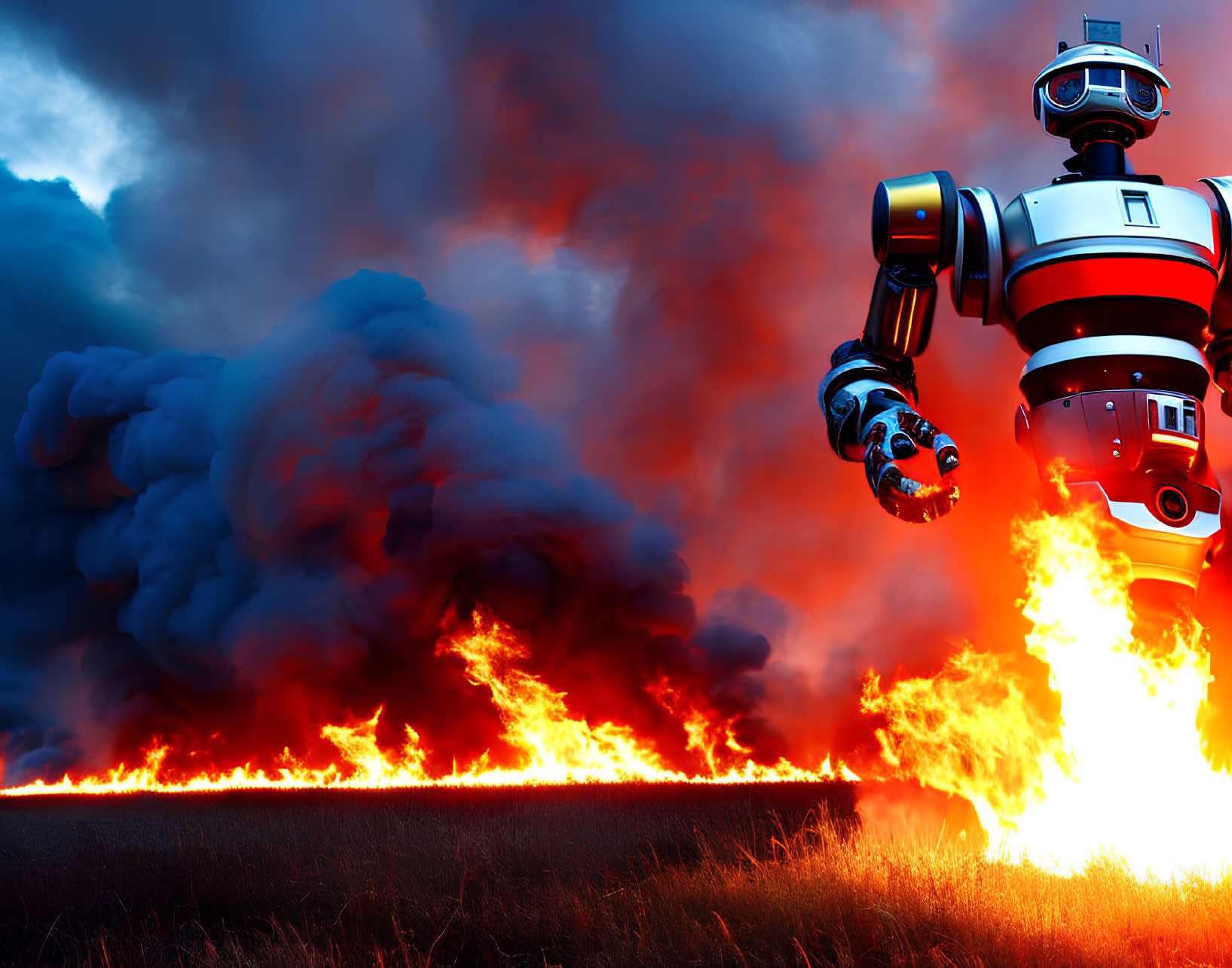 Futuristic red and white robot with blazing wildfire in dark sky