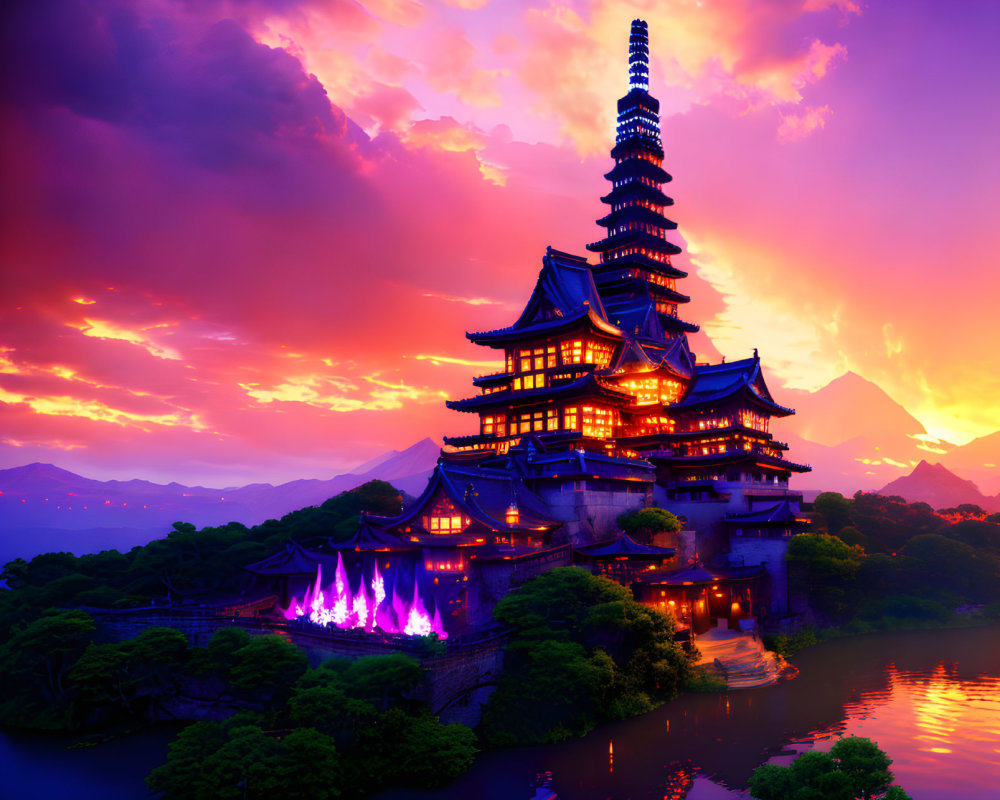 Japanese Pagoda Digital Artwork: Sunset Colors by Lake & Mountains