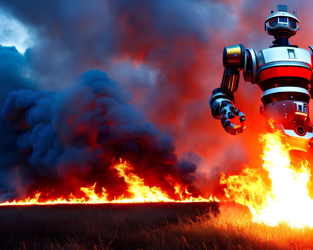 Futuristic red and white robot with blazing wildfire in dark sky