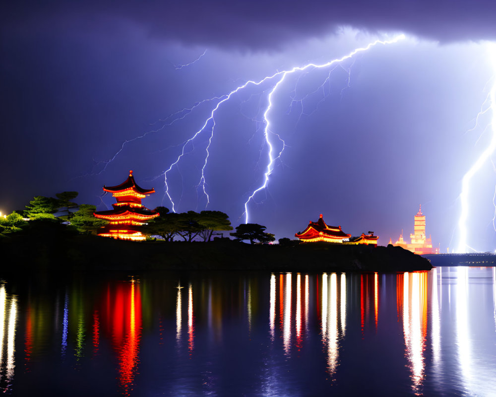 Vibrant lightning storm over serene lake with Asian pagodas reflected.