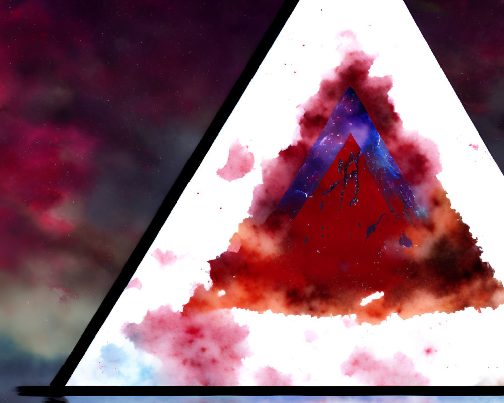 Triangular Framed Cosmic Mountain Scene in Nebulous Starry Sky