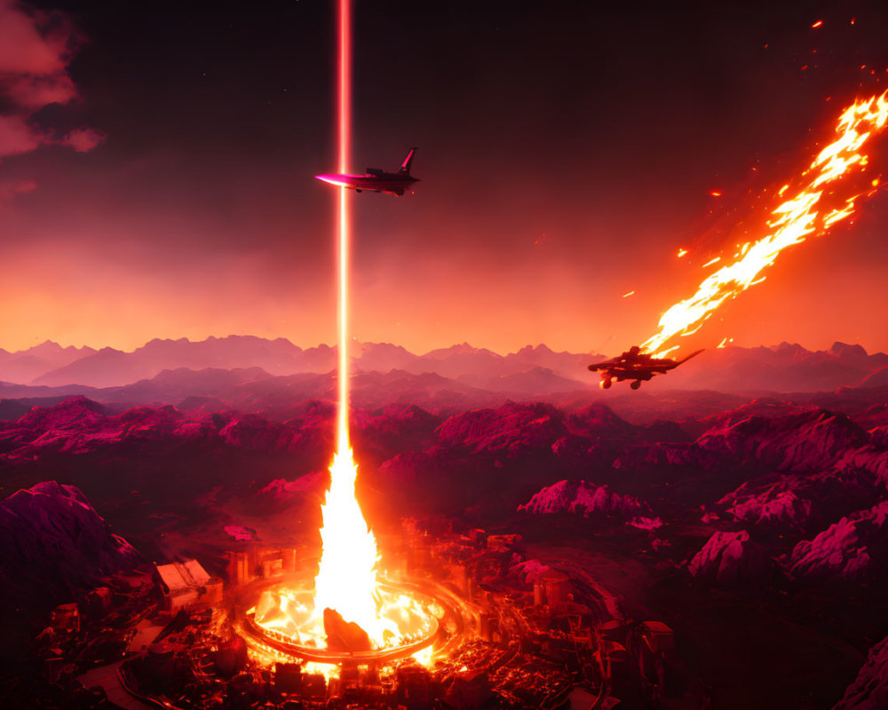 Aircraft flying over fiery city struck by massive beam in mountainous landscape