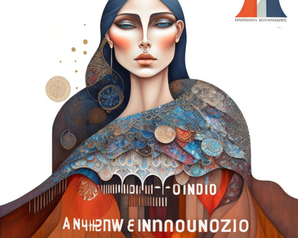 Illustration of woman with blue hair in intricate garment surrounded by mystical symbols