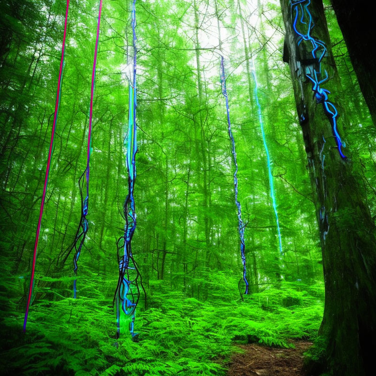 Lush Green Forest with Digitally Enhanced Tree Trunks