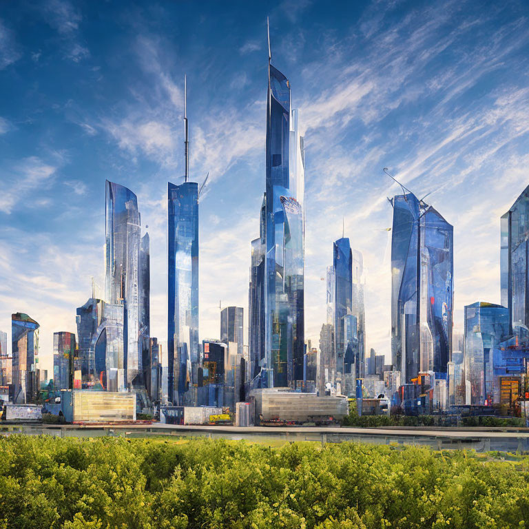 Modern cityscape with skyscrapers, clear skies, and lush greenery.