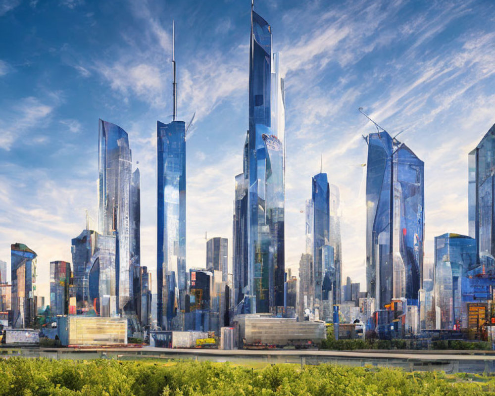 Modern cityscape with skyscrapers, clear skies, and lush greenery.