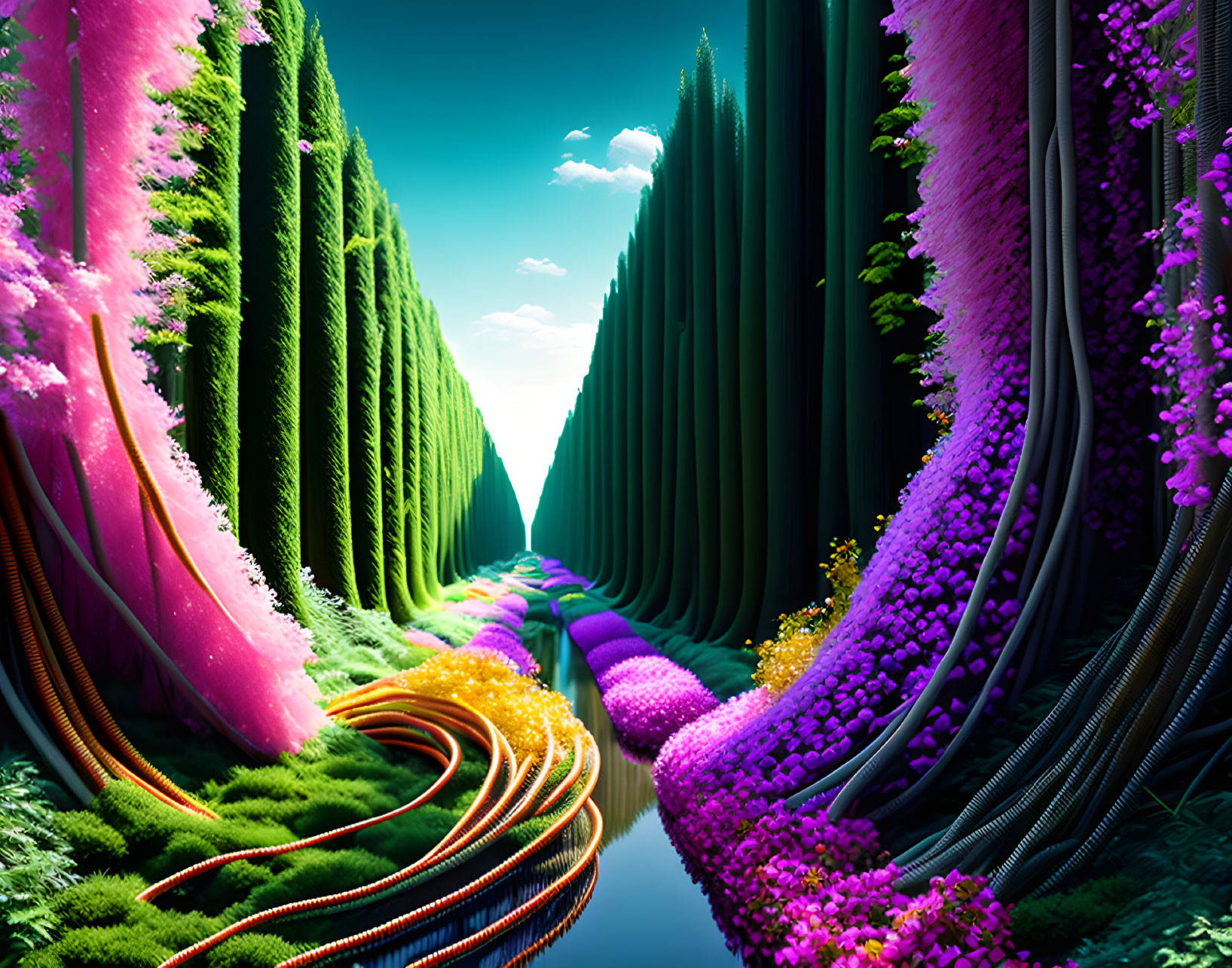 Colorful Whimsical Forest Artwork with Towering Trees and Surreal Sky