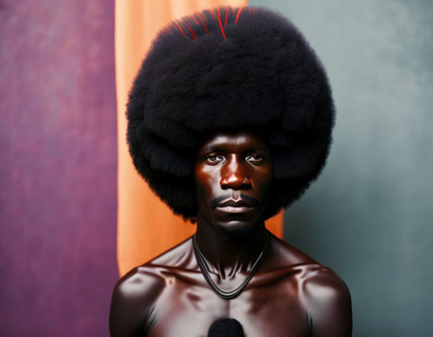 Elaborate Body Paint and Fluffy Headpiece on Purple-Orange Background