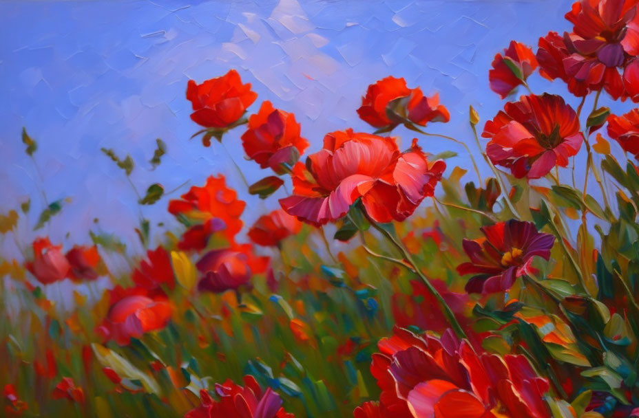 Colorful painting: Red poppies in field under blue sky