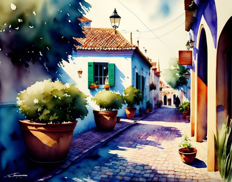 Colorful Watercolor Painting of Cobblestone Street & Houses