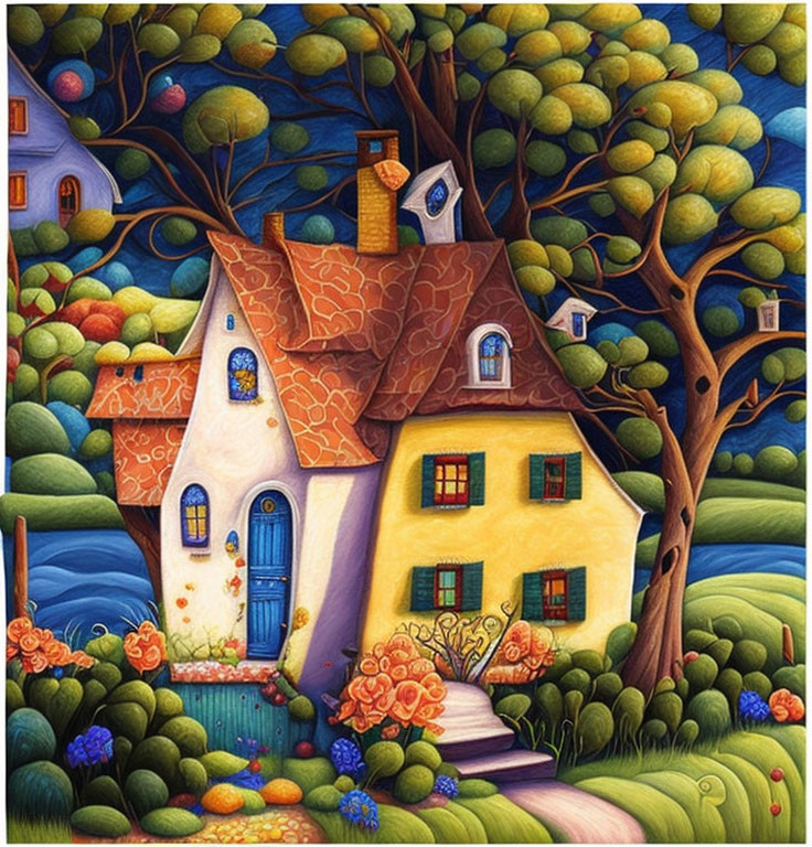 Vibrant Yellow Cottage Painting Surrounded by Nature