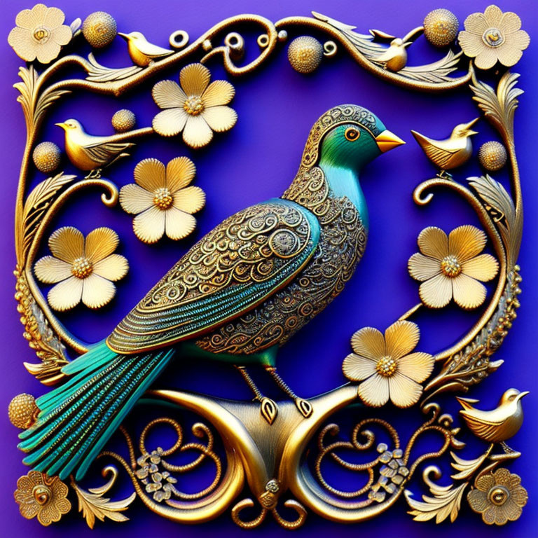 Golden peacock surrounded by floral frame on purple background