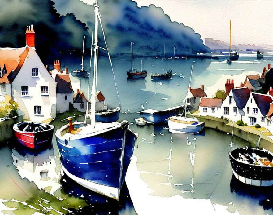 Seaside village watercolor painting with boats, white houses, blue waters, hills, and cloudy sky