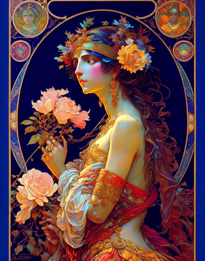 Art Nouveau-inspired woman portrait with vibrant colors and ornate details