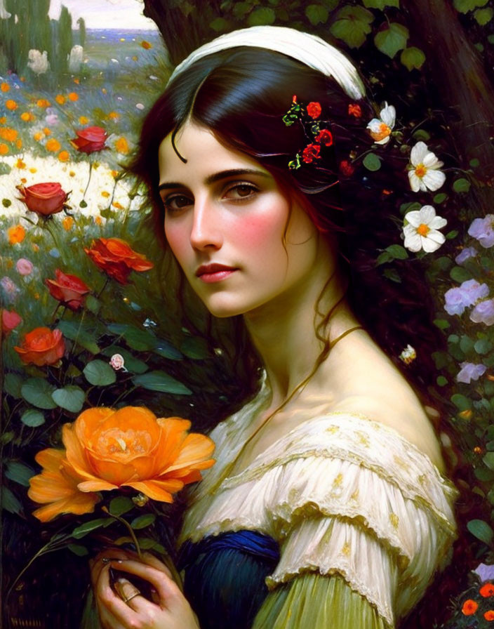 Portrait of Woman with Dark Hair and Red Flowers Holding Orange Rose