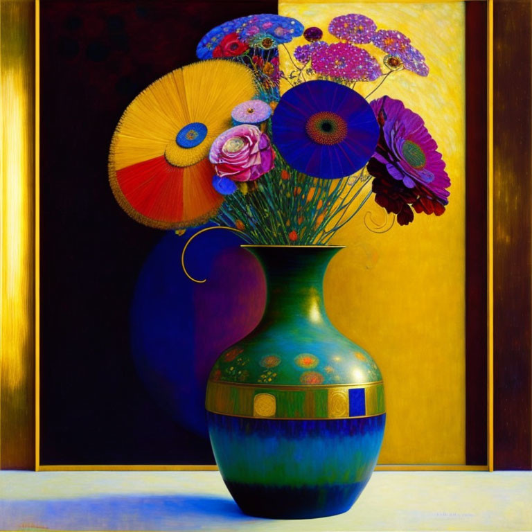 Colorful Flowers and Umbrellas in Vibrant Still Life Painting