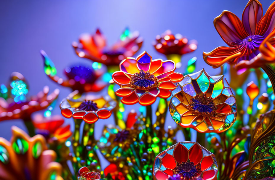 Colorful Metallic Artificial Flowers on Blurred Blue Background