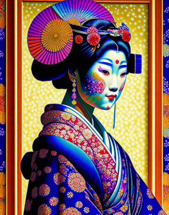 Colorful digital artwork of a geisha in intricate makeup and kimono