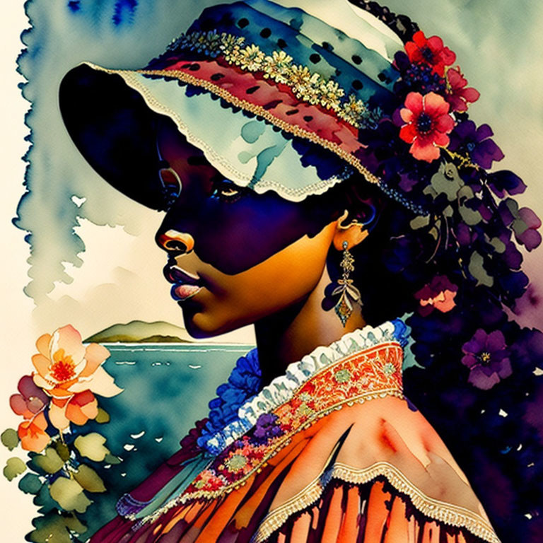 Colorful watercolor portrait of a woman in decorative hat and vintage attire