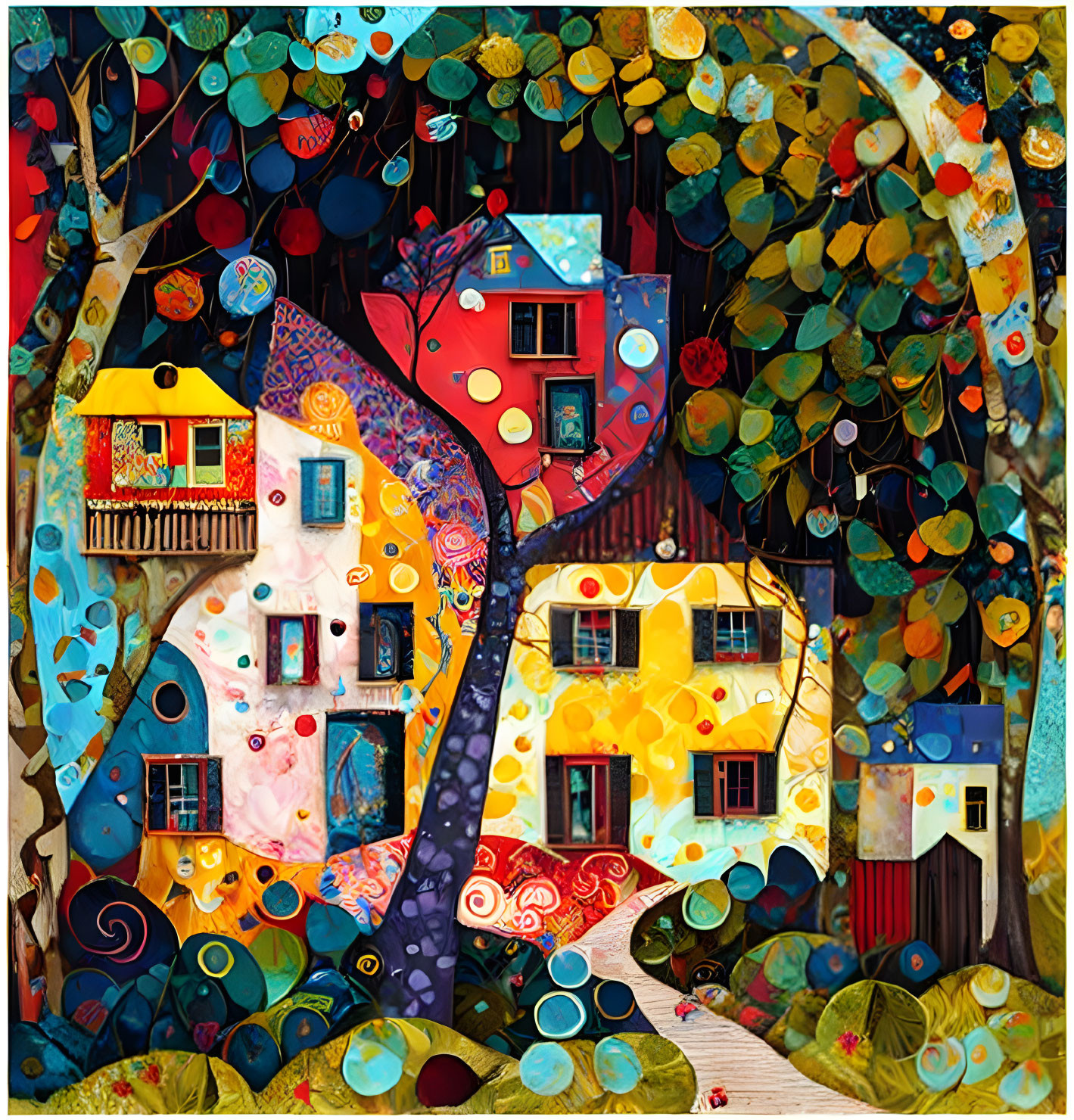 Colorful painting of stylized trees, abstract houses, and winding paths in a dreamlike village