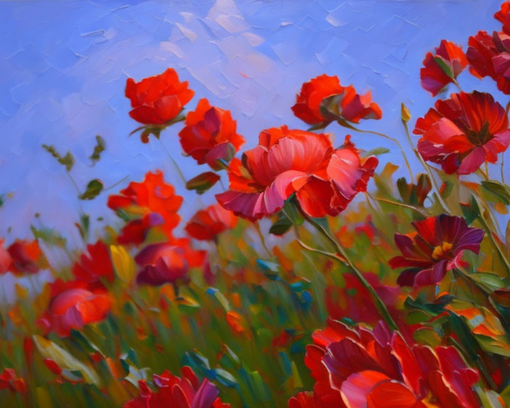 Colorful painting: Red poppies in field under blue sky