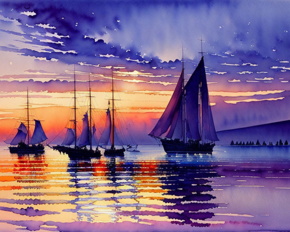 Vibrant watercolor painting: sailing ships on calm sea at sunset