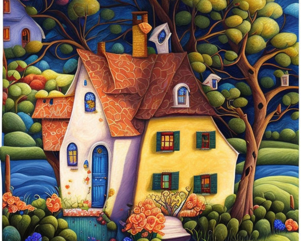 Vibrant Yellow Cottage Painting Surrounded by Nature