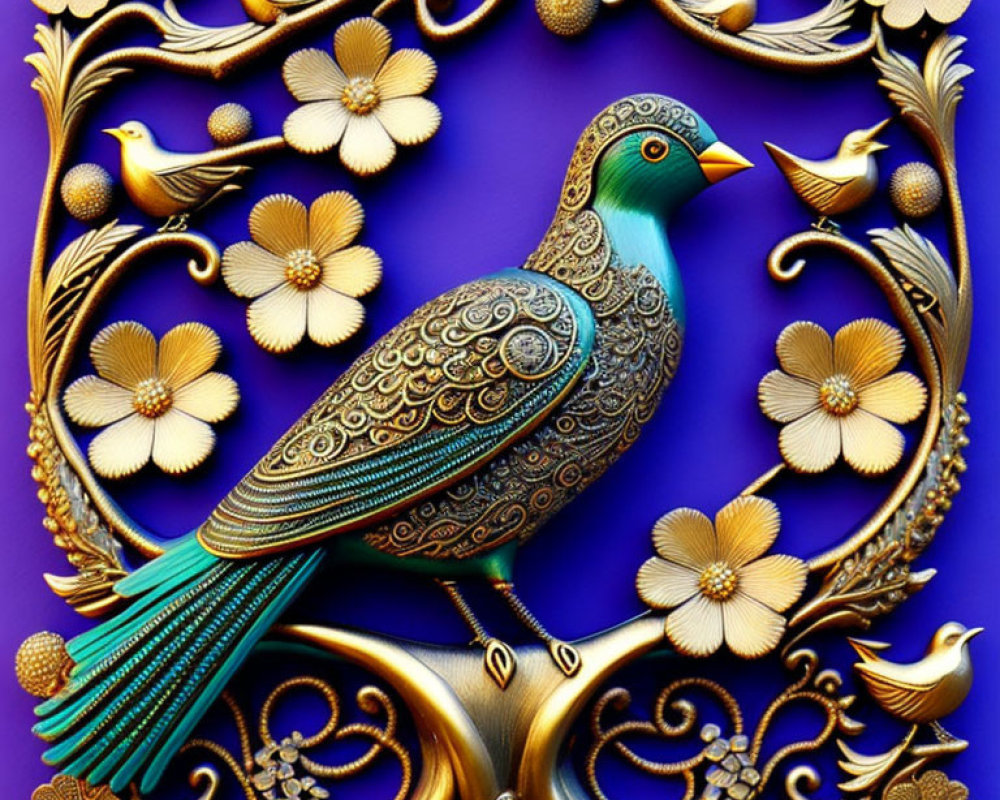 Golden peacock surrounded by floral frame on purple background