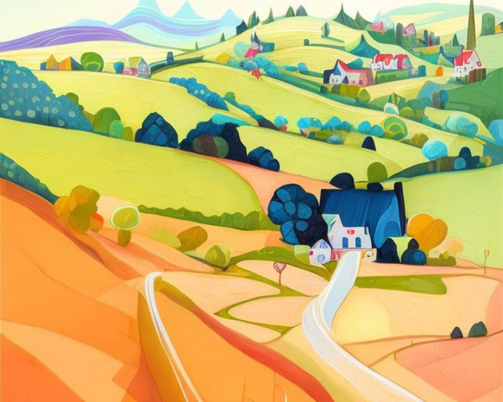 Colorful rural landscape with rolling hills and quaint houses.