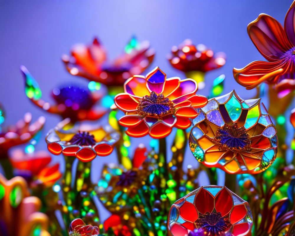 Colorful Metallic Artificial Flowers on Blurred Blue Background