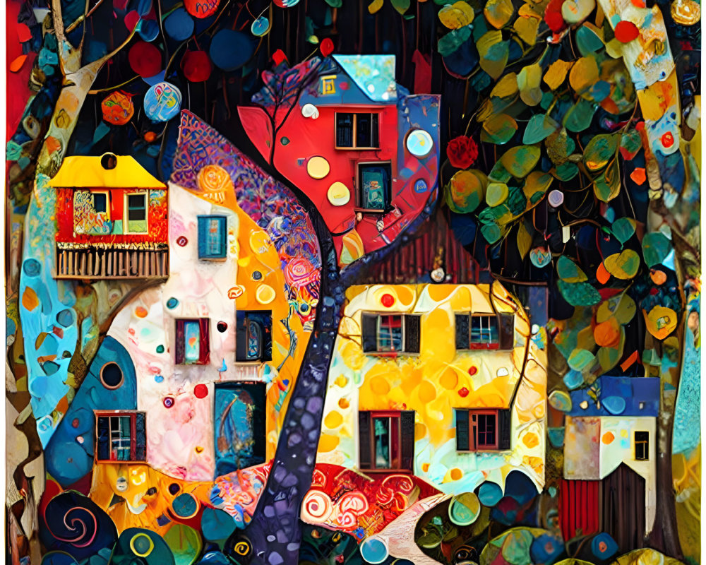 Colorful painting of stylized trees, abstract houses, and winding paths in a dreamlike village